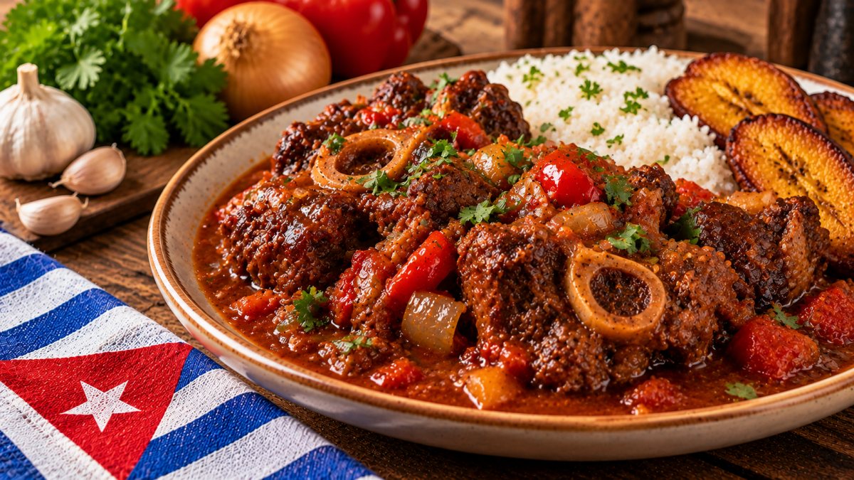 Plato de rabo encendido cubano en salsa de tomate con pimientos, arroz blanco y maduros fritos