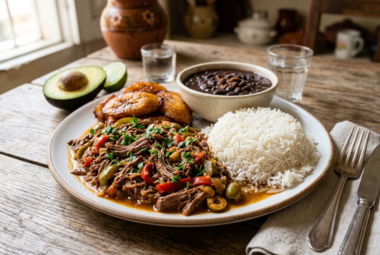 Plato de ropa vieja cubana con pimientos y cebolla, arroz blanco, frijoles negros y maduros fritos