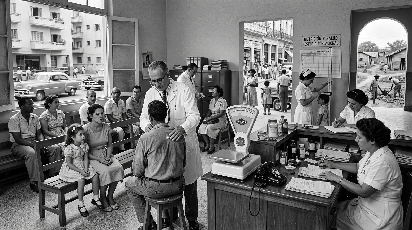 Consulta médica en una clínica mutualista cubana con pacientes en la sala de espera, una enfermera midiendo a un niño y una báscula, junto a un cartel de Nutrición y Salud