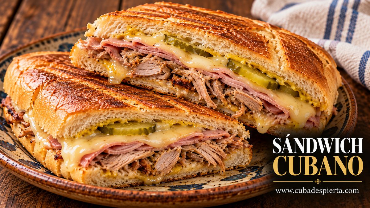 Sándwich cubano prensado cortado en diagonal con jamón, lechón, queso y pepinillos