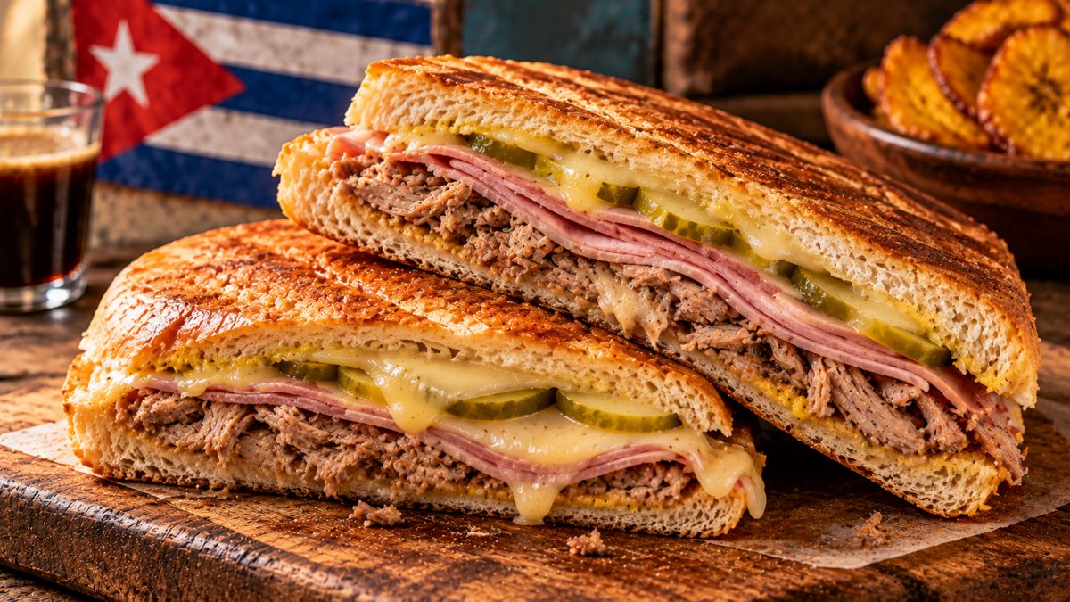 Sándwich cubano prensado cortado en diagonal con lechón, jamón, queso suizo y pepinillos
