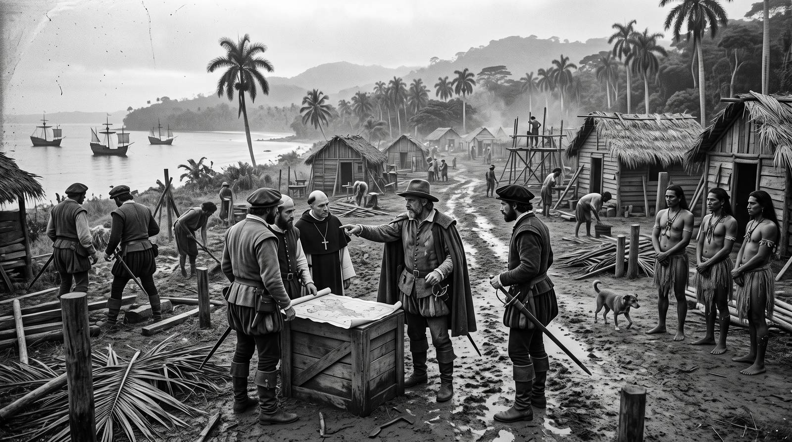 Diego Velázquez y los colonizadores españoles fundando una de las primeras villas cubanas, con la población indígena local presente