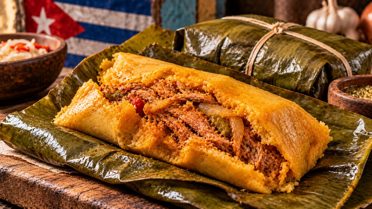 Tamal cubano abierto mostrando la masa de maíz con cerdo, junto a otro tamal amarrado sin abrir