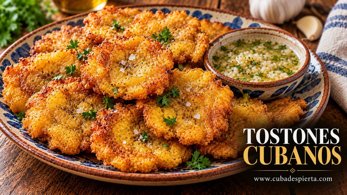 Plato de tostones cubanos dorados y crujientes junto a un cuenco de mojo de ajo y plátanos verdes
