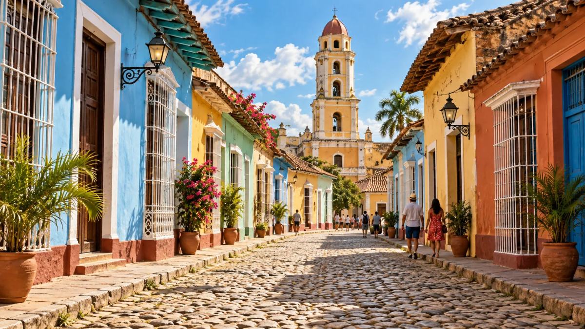 Calle empedrada de Trinidad, Cuba, con casas coloniales de colores y el campanario del antiguo convento de San Francisco al fondo