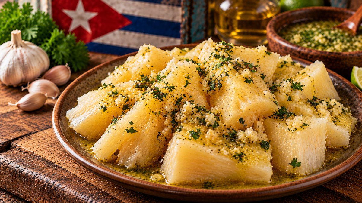 Fuente de yuca con mojo cubano bañada en ajo y perejil, junto a cabezas de ajo y un cuenco de mojo