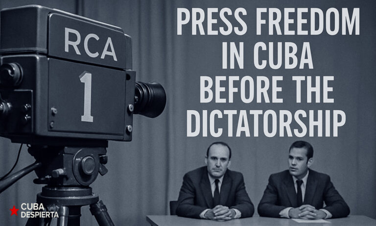 Estudio de televisión cubano de los años 50 con una cámara RCA y dos presentadores; el titular dice «Libertad de prensa en Cuba antes de la dictadura»