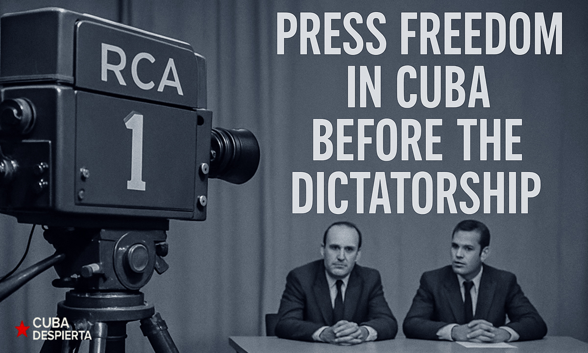 Estudio de televisión cubano de los años 50 con una cámara RCA y dos presentadores; el titular dice «Libertad de prensa en Cuba antes de la dictadura»